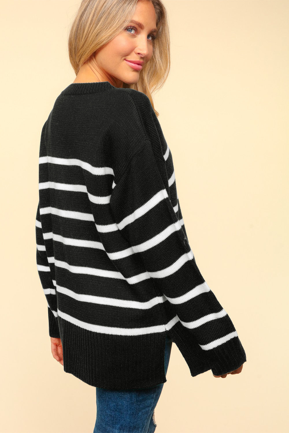 Sara Striped Contrast Side Slit Sweater