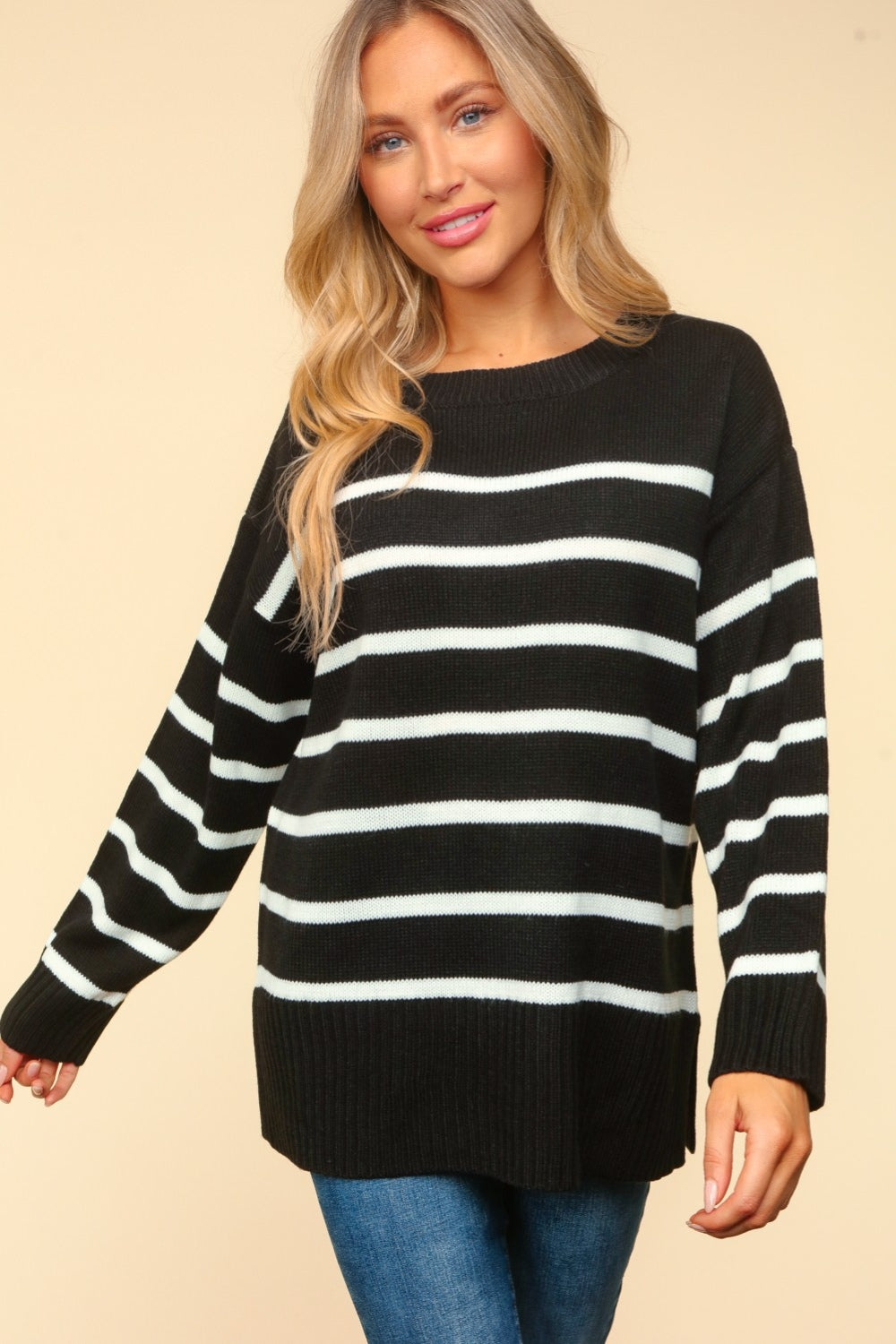 Sara Striped Contrast Side Slit Sweater